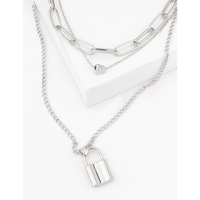 LRC Kalung Fashion Silver Color Alloy Lock Shaped Heart Pendant Multilayer P4769X
