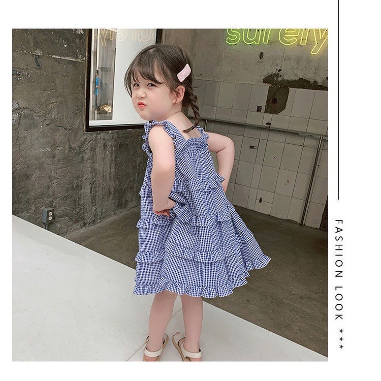 Dress Anak Perempuan Tanpa Lengan Motif Kotak Biru Import