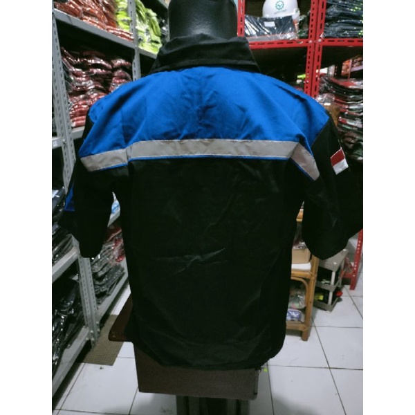 BAJU SAFETY HITAM BIRU RESLETING LENGAN PENDEK