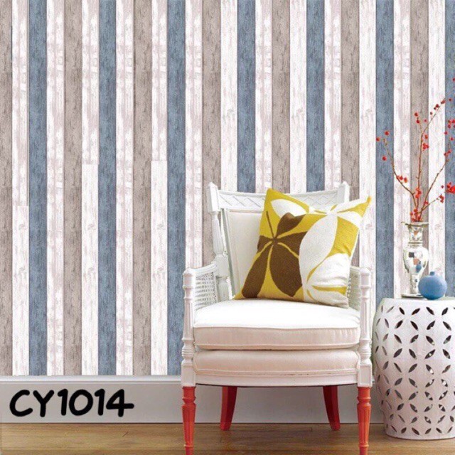 Wallpaper Sticker KAYU CREAM NAVY GARIS Wolpeper Stiker Dinding Kamar