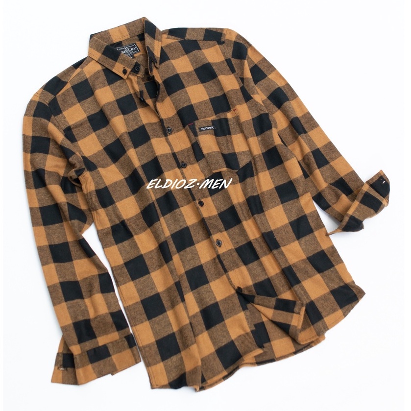 Kemeja Flanel Pria Slim Fit Lengan Panjang Hem Pria Kotak Hitam Mocca