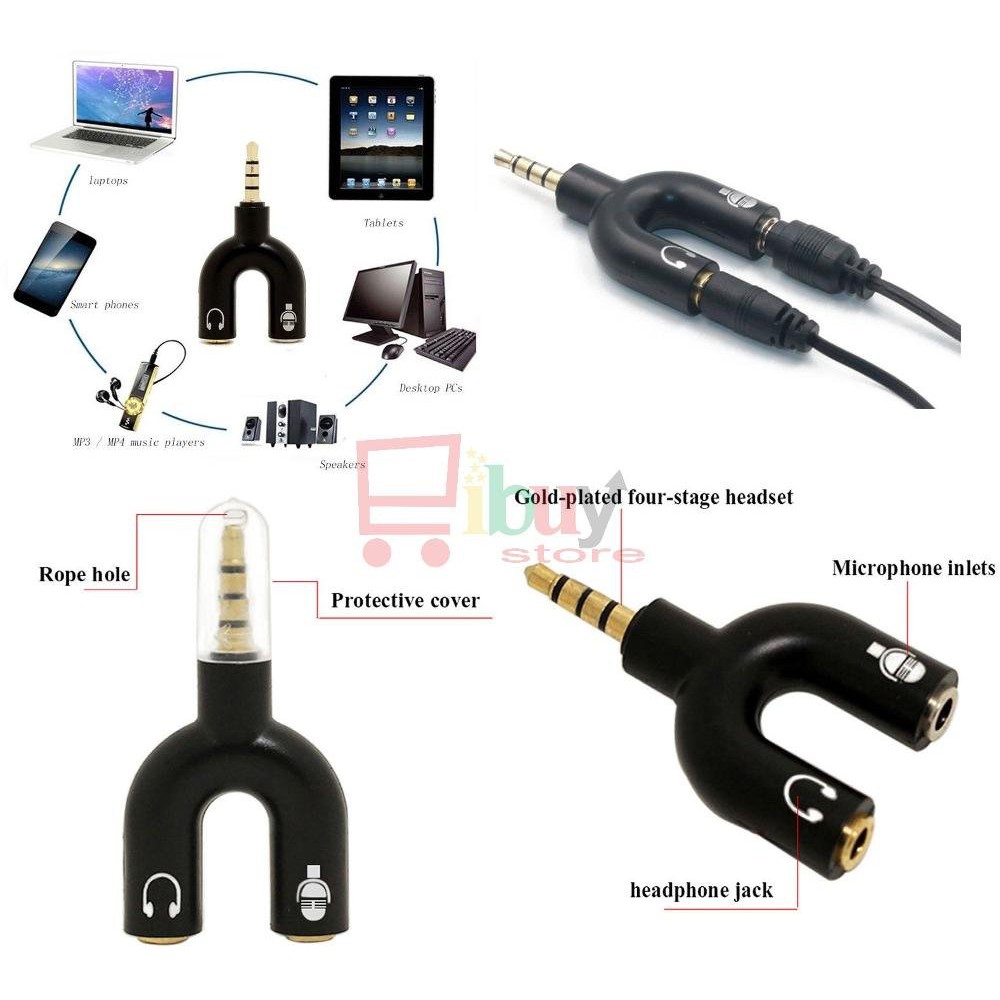 Audio Stereo Splitter - Jack 3.5mm to Socket Mic + Audio Earphone // to 2 Socket Audio