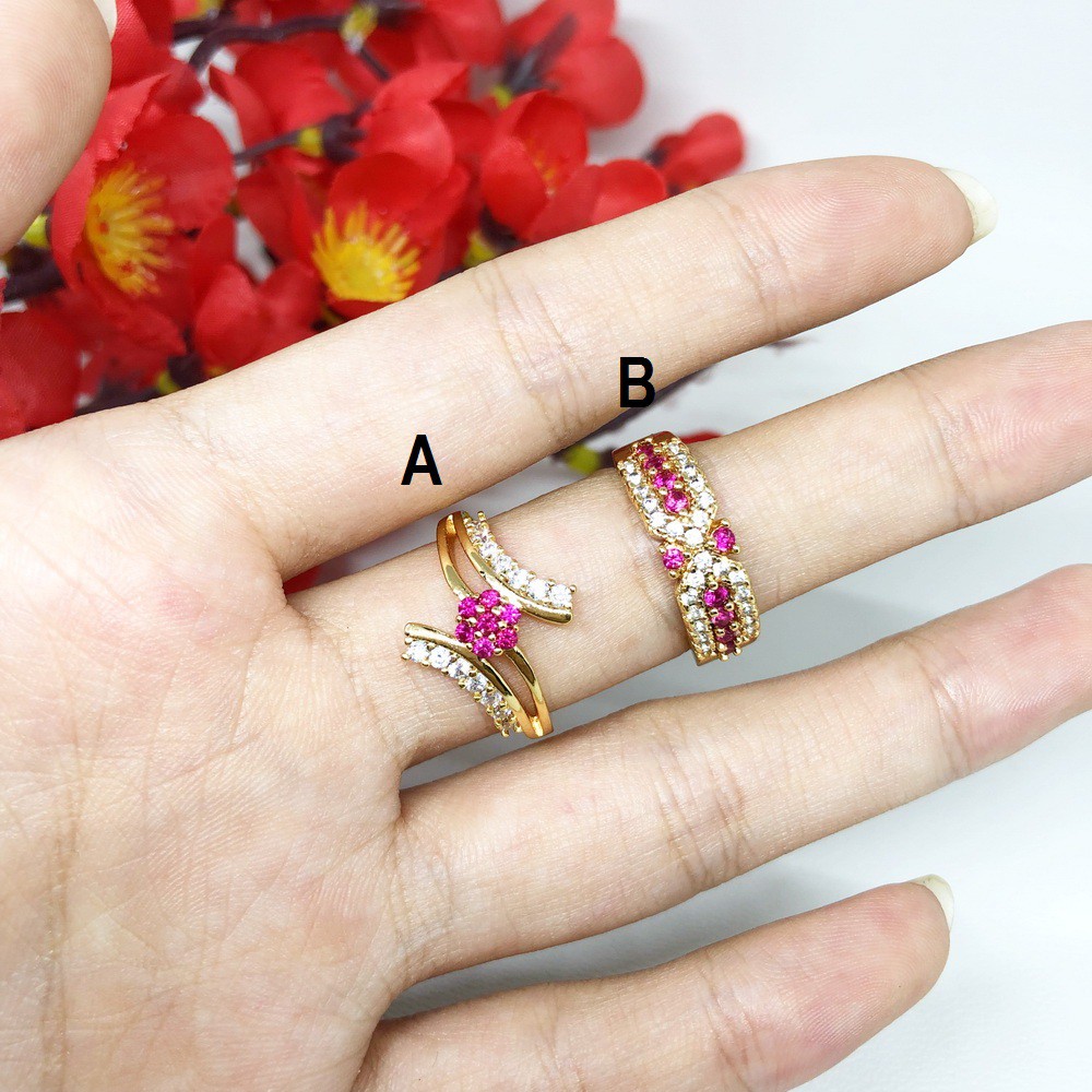 Cincin Meili Meillyn Batu Pink Putih Garis Silang Lapis Emas - BR410