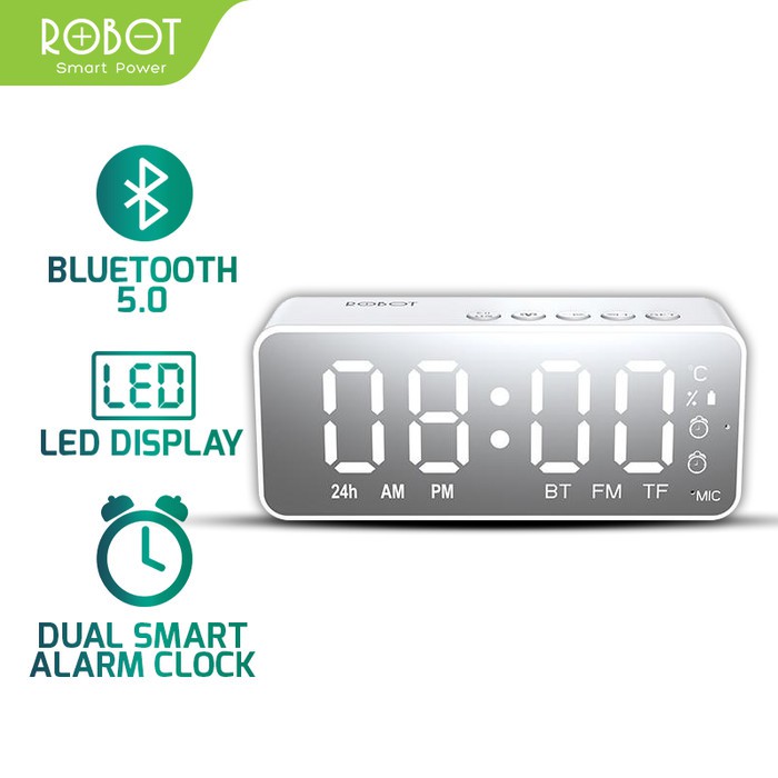 ROBOT Speaker Bluetooth RB150 Stereo LED Display Alarm Clock With FM Radio Garansi Original Resmi-White