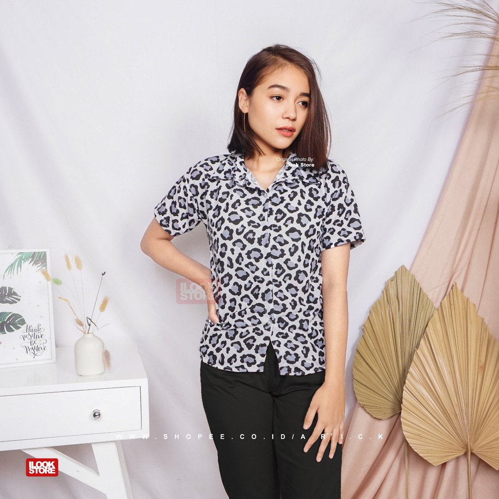ilook | Kemeja Cute Leopard | Kem Cute Leo | Kemeja Wanita Bahan Creap-ABU