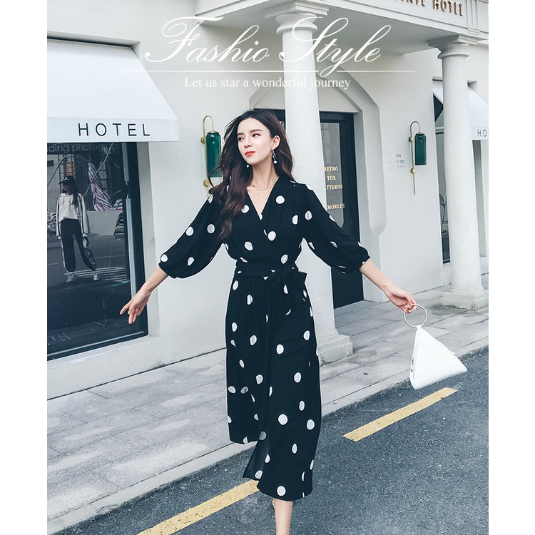 TASHAPPY BS008 Wrap Dress Maxi Black Polkadot Wanita Cantik Kekinian model korea supplier baju import