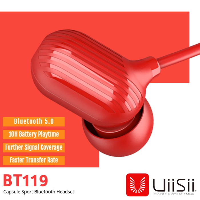 UiiSii BT-119 Bluetooth 5.0 Earphone Headset 10 hours battery IPX5 - Hitam