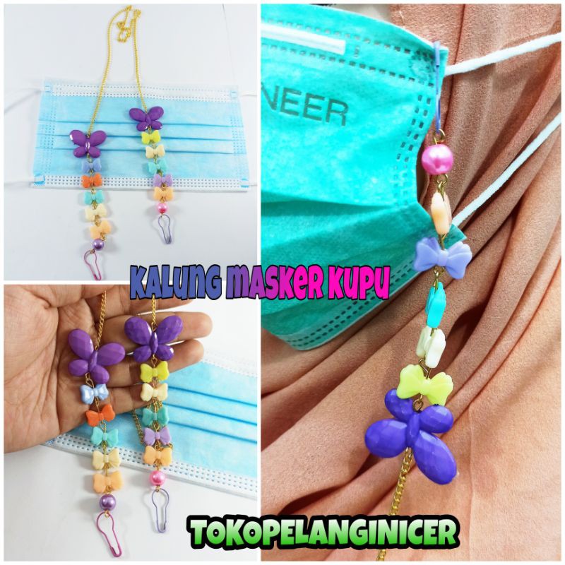 Strap Mask Kupu Pelangi Rantai Kalung Strap Masker Mutiara Korea Gantungan Kalung Masker Anak Hijab