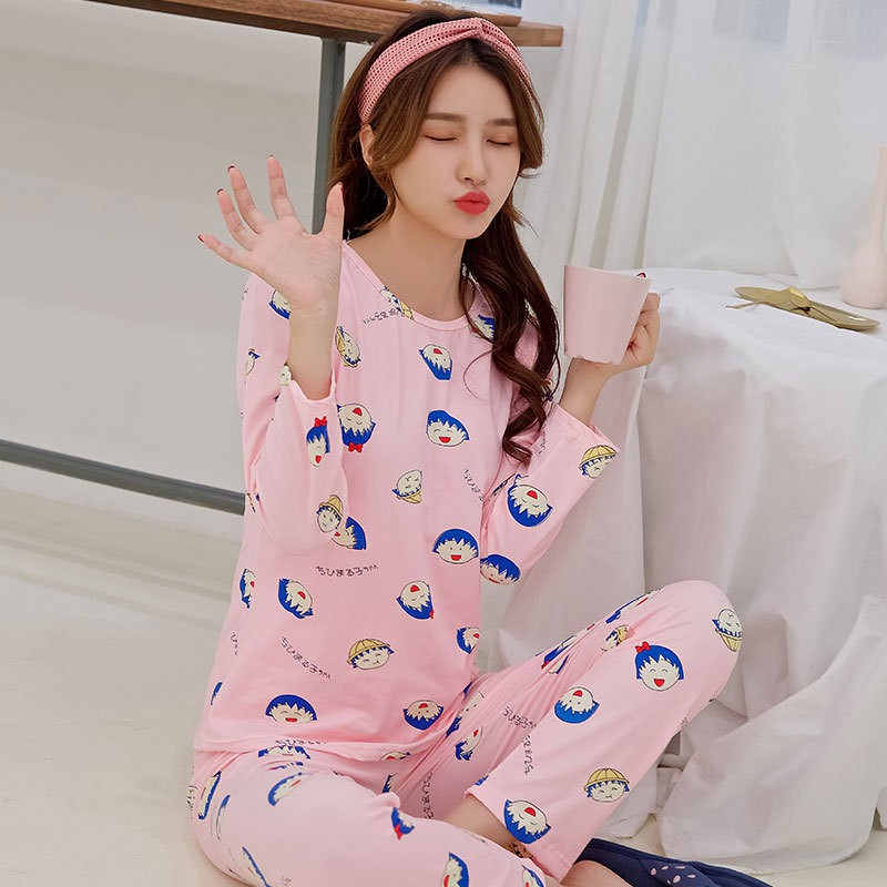 Smile Baju Tidur Wanita Import Setelan Piyama Lengan Panjang Motif Bahan Lembut Fit to XXL 4005-8