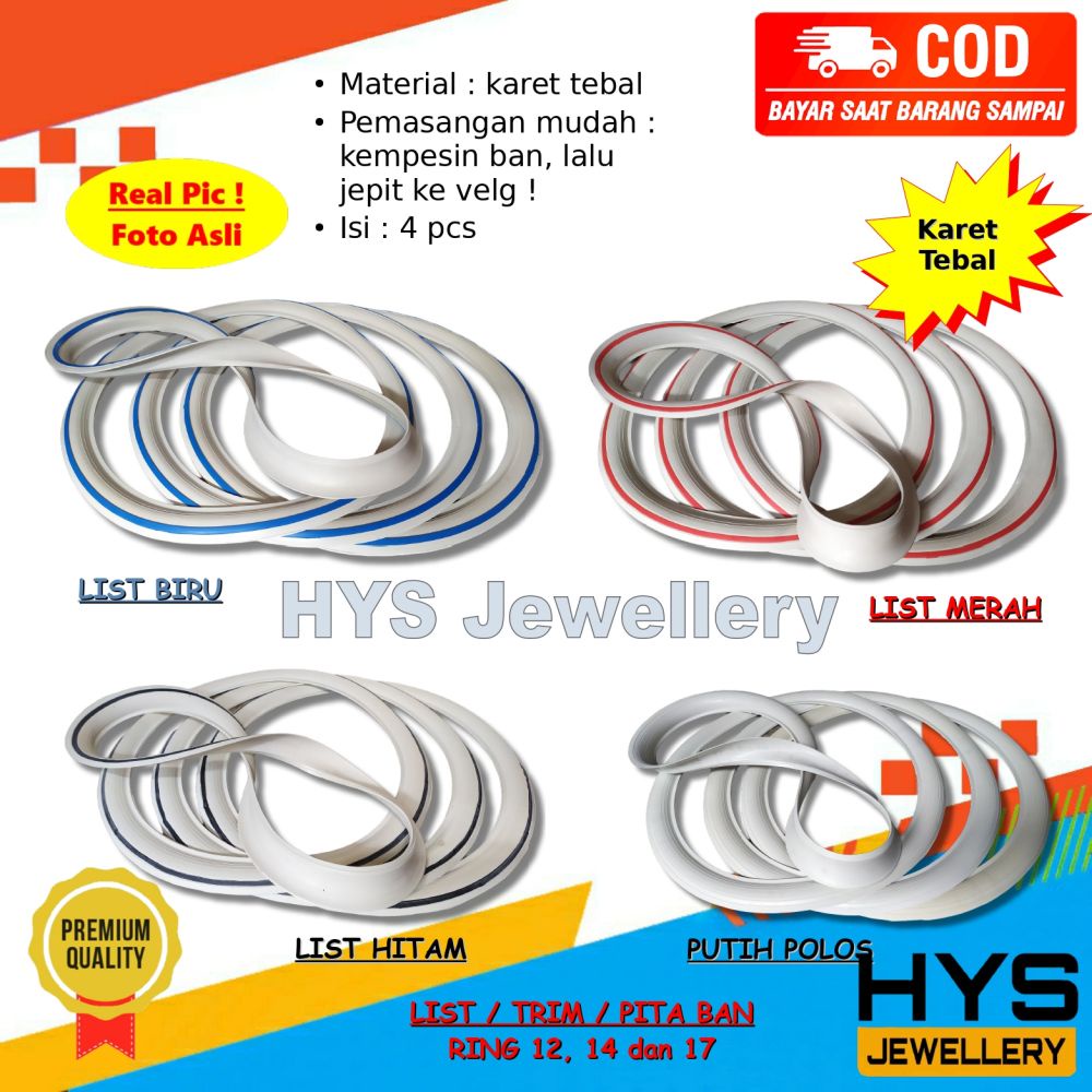 [COD] List Trim Pita Ban Sepeda Motor - Ring 12, 14 dan 17 - Isi 4 PCS Warna Putih, Hitam, Biru dan 