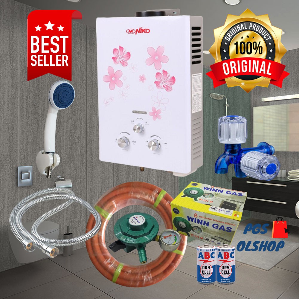 Water Heater / Pemanas Air Kamar Mandi Gas Niko Putih Komplit