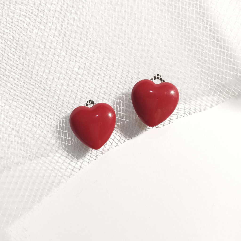 [YOMY] Anting Jepit Panjang Hati Warna Merah Ala Korea