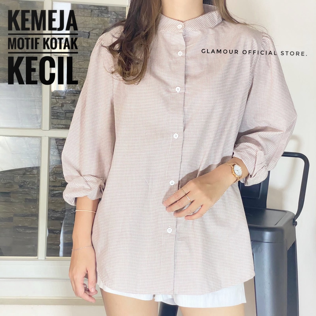Kemeja Oversize Wanita Lengan Panjang Motif Kotak Kecil