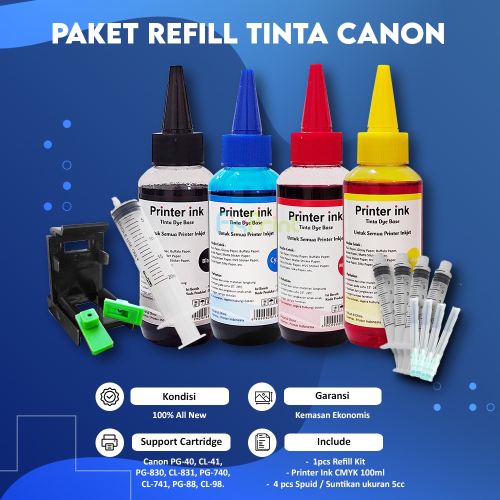 Paket Tinta Infus Refill Kit PG40 CL41 Plus Tinta Universal 100ml, Pack Refill Kit Cartridge Printer Inkjet PG40 CL41 PG830 CL831 PG740 CL741 PG88 CL98