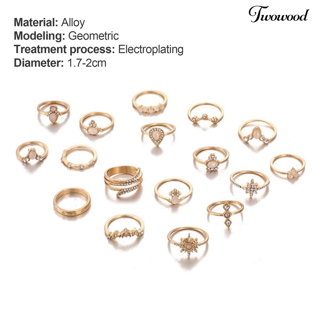 17pcs / Set Cincin Jari Permata Berlian Imitasi Gaya Bohemian Untuk Wanita