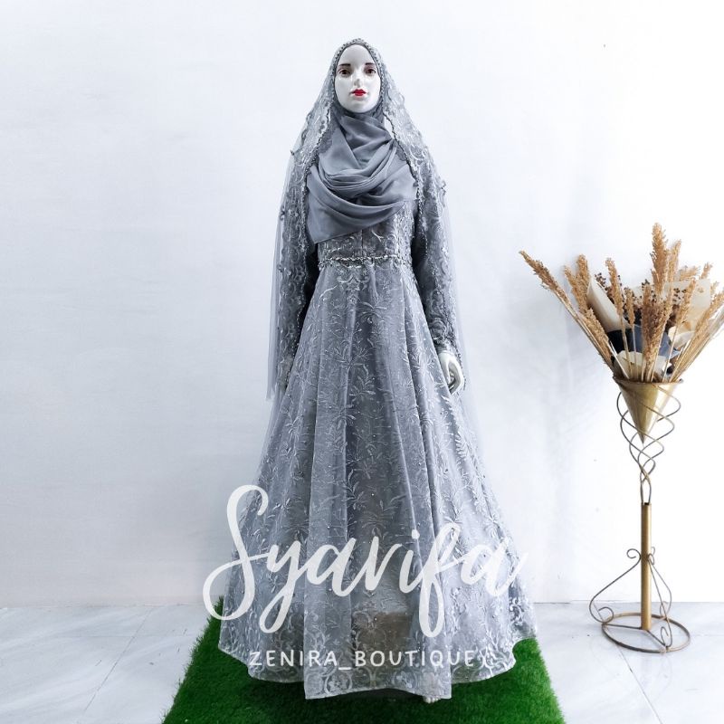 SYARIFA Wedding Dress FREE Pasmina dan VEIL selendang tile / Gaun pernikahan putih / akad / Baju pesta / prewedding