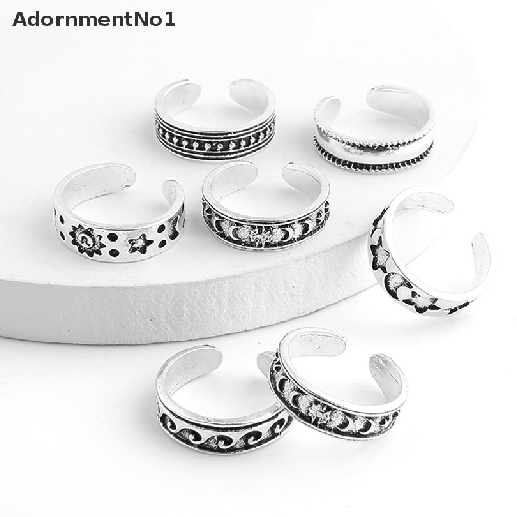 (AdornmentNo1) 7pcs / Set Cincin Jari Kaki Terbuka Adjustable Gaya Vintage Motif Bintang + Bulan + Hollow Untuk Wanita