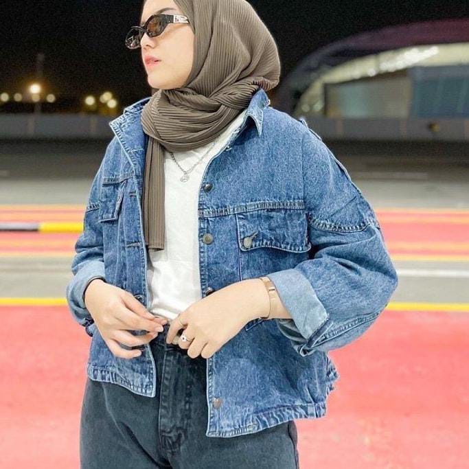 Jaket Jeans Oversize LD 110 - 150 // Jaket Jumbo Saku Wanita Sandwash Denim Premium-3