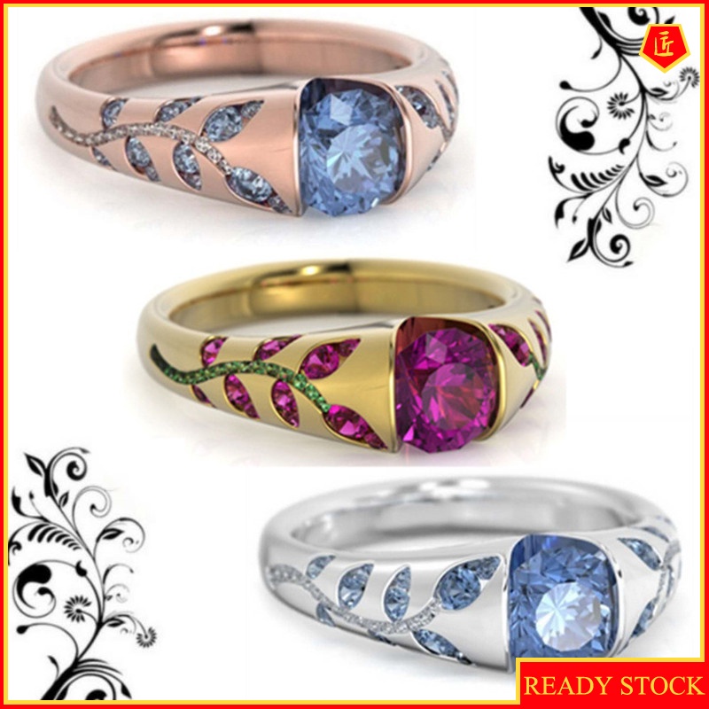 [Ready Stock]Multi-Color Exquisite Leaves Inlaid Jewel Ring Personality Simple