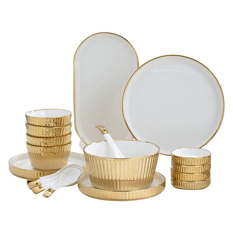 Piring Mangkuk Makan Keramik Set Putih Emas Dining Set 18 pcs Giftbox