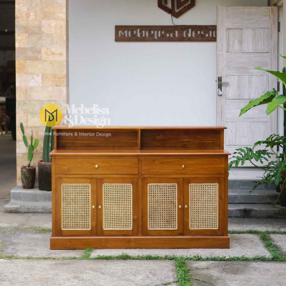 Bufet Pajangan Ruang Tamu Serbaguna Pintu Rotan
