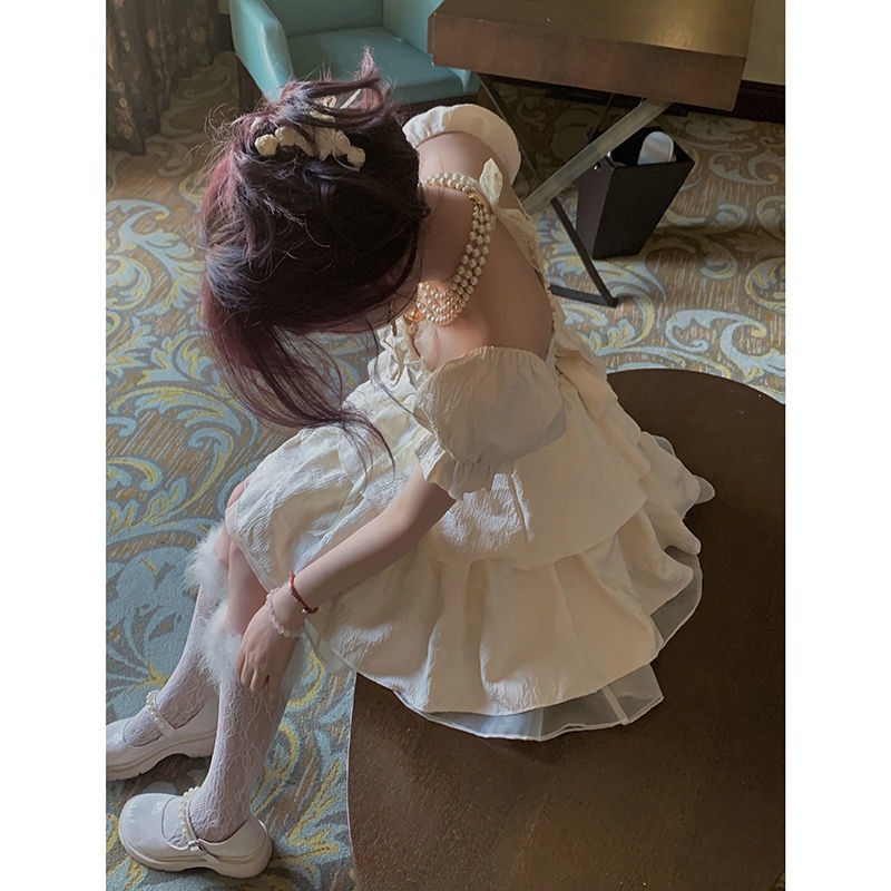Red Busur Puff Lengan Mesh Gaun Putri Musim Panas Jepang Lolita Renda Pinggang Jamur Fringe Puffy Dress