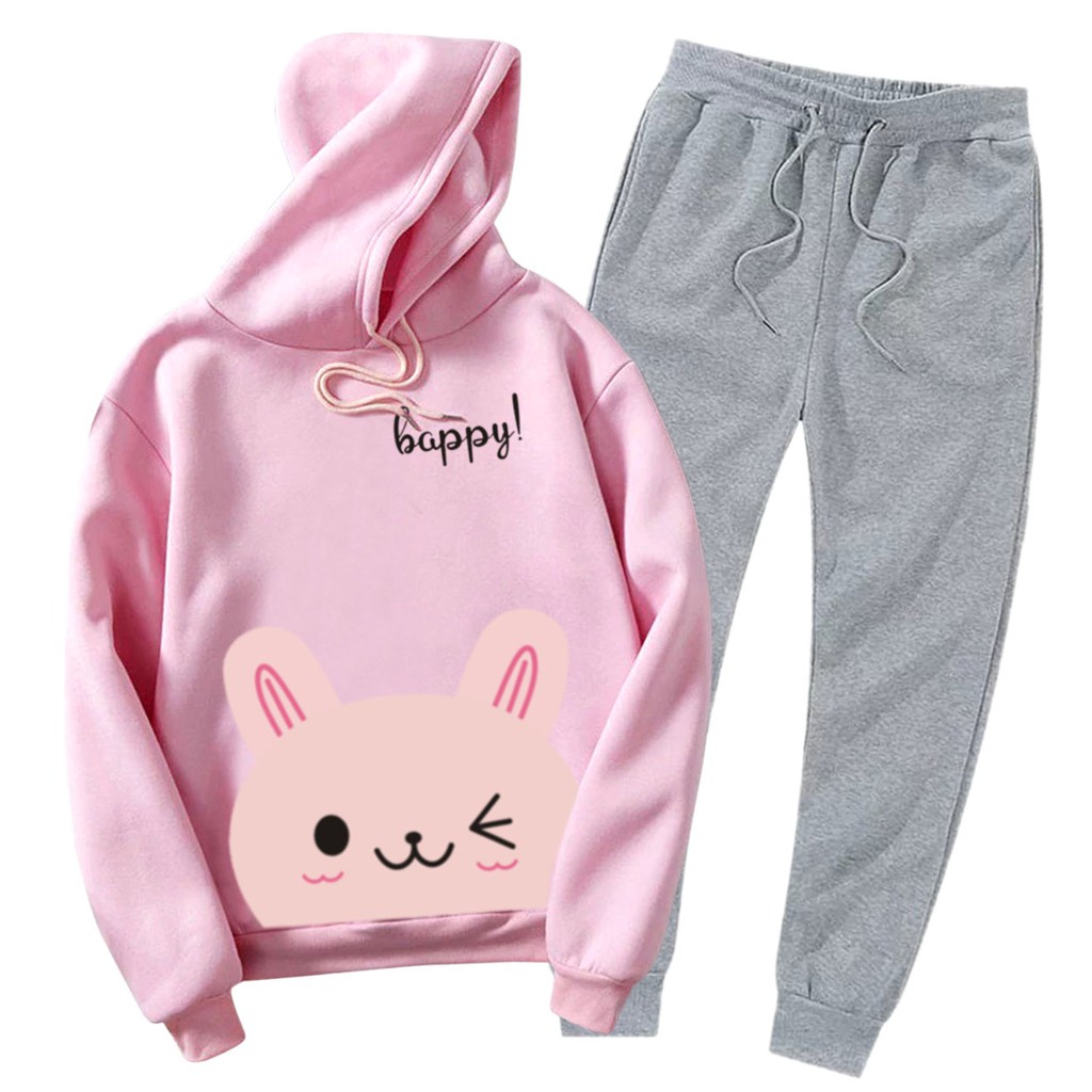 BESS - Setelan Hoodie Wanita Murah / Setelan Hoodie + Jogger Abu - HAPPY CAT