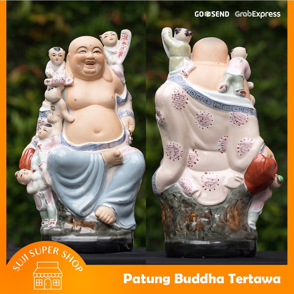 Patung Buddha Tertawa Bawa Anak-Anak dari Tanah Liat dan Keramik Tahun 1950 | Barang Antik