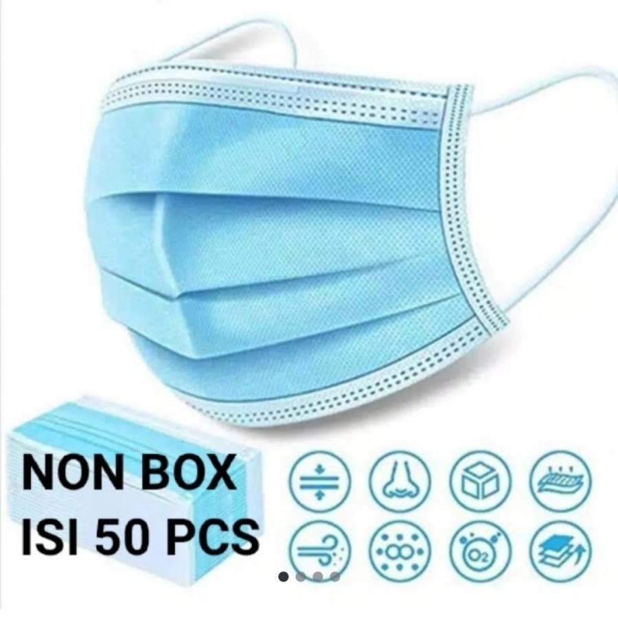 MASKER 3PLY NO BOX EARLOOP HIJAB - TANPA BOX MEDICAL GRADE ISI 50 PC - BIRU HITAM PUTIH ABU