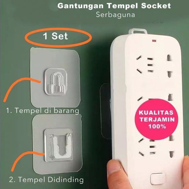 GANTUNGAN TEMPEL SOCKET HOOK TRANSPARAN 1 PASANG / GANTUNGAN PLUS MINUS DOUBLE TAPE SERBAGUNA