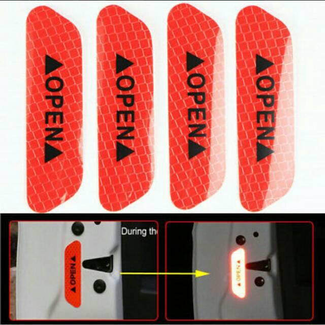 4Pcs 1 Set Red Merah Sticker Reflektif Stiker Pintu Mobil Open Car Pantul Universal Safety Murah