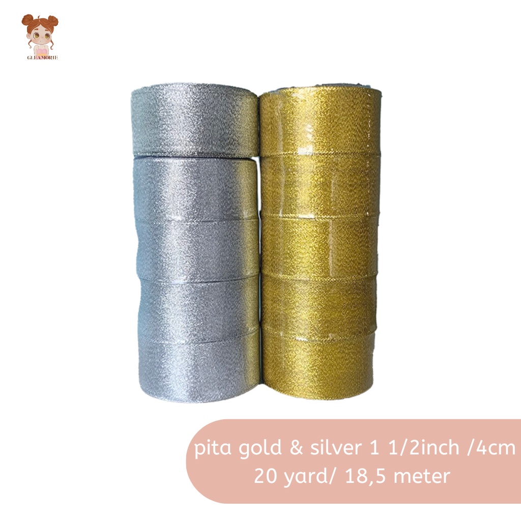 

pita gold / silver glitter 4cm 1 1/2 inch per roll 20 yard 18,4 meter grosir emas / perak