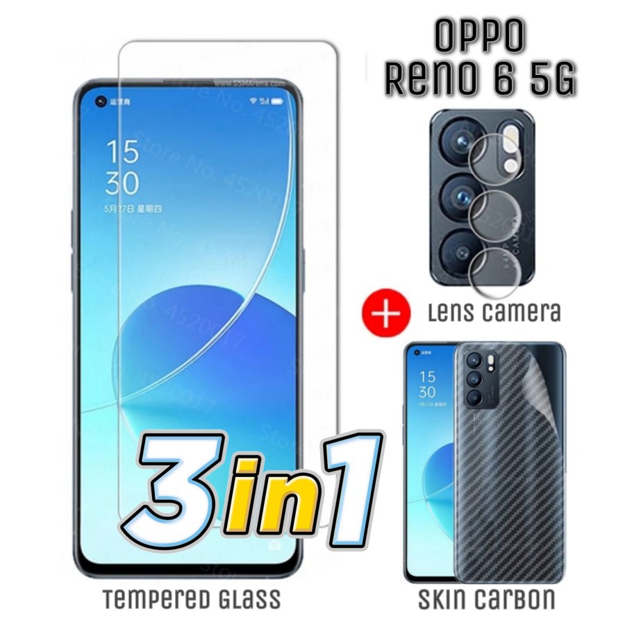 Tempered Glass Clear OPPO RENO 6 5G Paket Pelindung Camera Lens dan Skin Carbon Garskin
