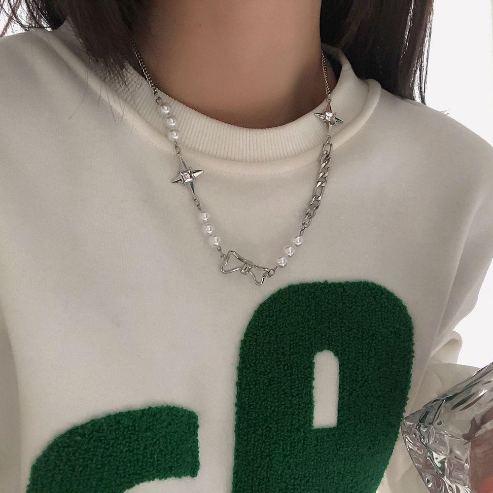 MXBEAUTY Kalung Mutiara Retro Hip Hop Bintang Ikatan Simpul Perhiasan Hadiah Pria Kalung Temperamen Perempuan Sweater Rantai