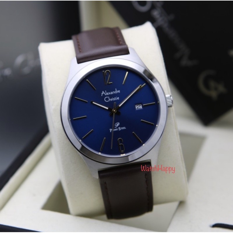 WatchHappy Alexandre Christie 1009 AC 1009 MD AC1009 MD 1009MD Men Blue Dial Leather Brown Original