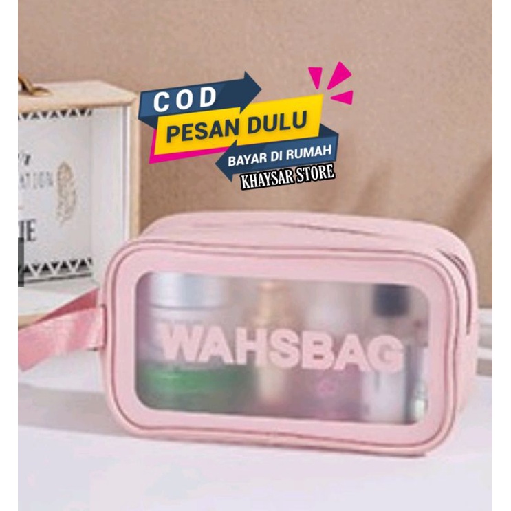 Tas Kosmetik WASHBAG Bahan PVC Kulit PU Waterproof Transparant Pouch Travel Organizer