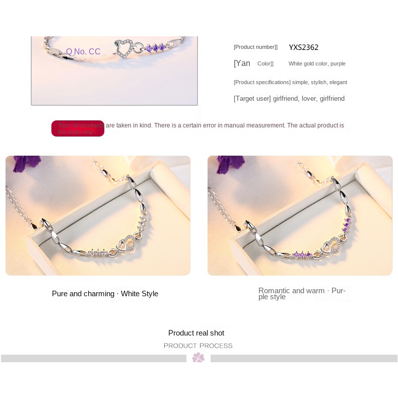 Perhiasan Gelang Berlian 925 Silver Plated Amethyst Bentuk Hati Gaya Korea Untuk Wanita