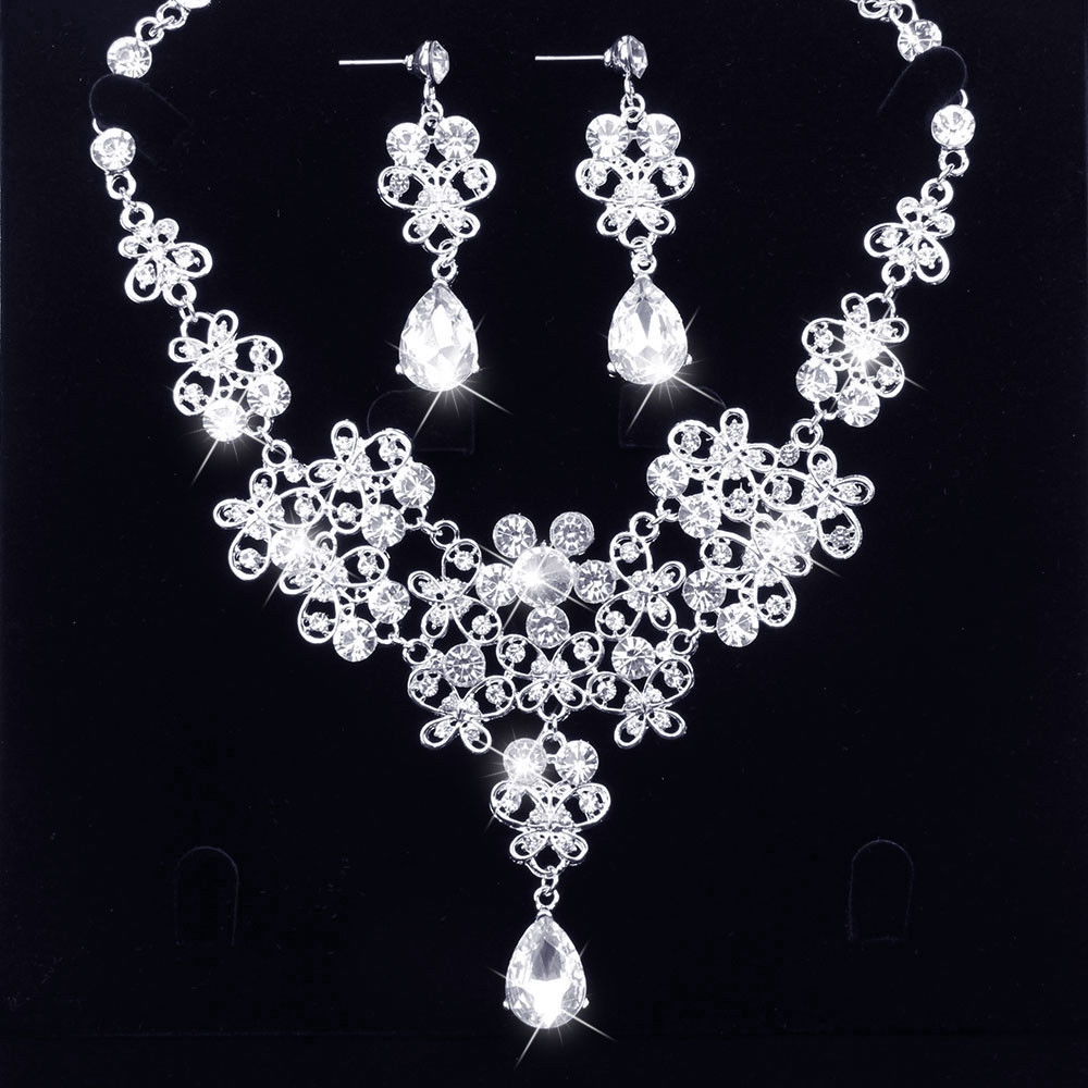 Bling Bridal Wedding Prom Jewelry Set Crystal Rhinestone Necklace Earrings Tiara