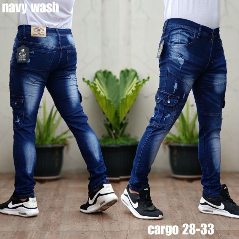 Celana Pria Cargo Jeans Sobek Ripped Strech