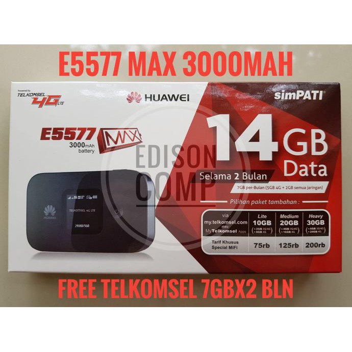 Mifi Modem Wifi Router 4G Huawei E5577 Free Telkomsel 14Gb 2bln MAX