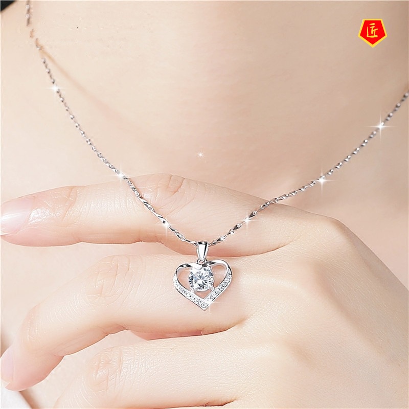 [Ready Stock]Fashion Heart-Shaped Zircon Finely Inlaid Pendant Korean Silver Necklace