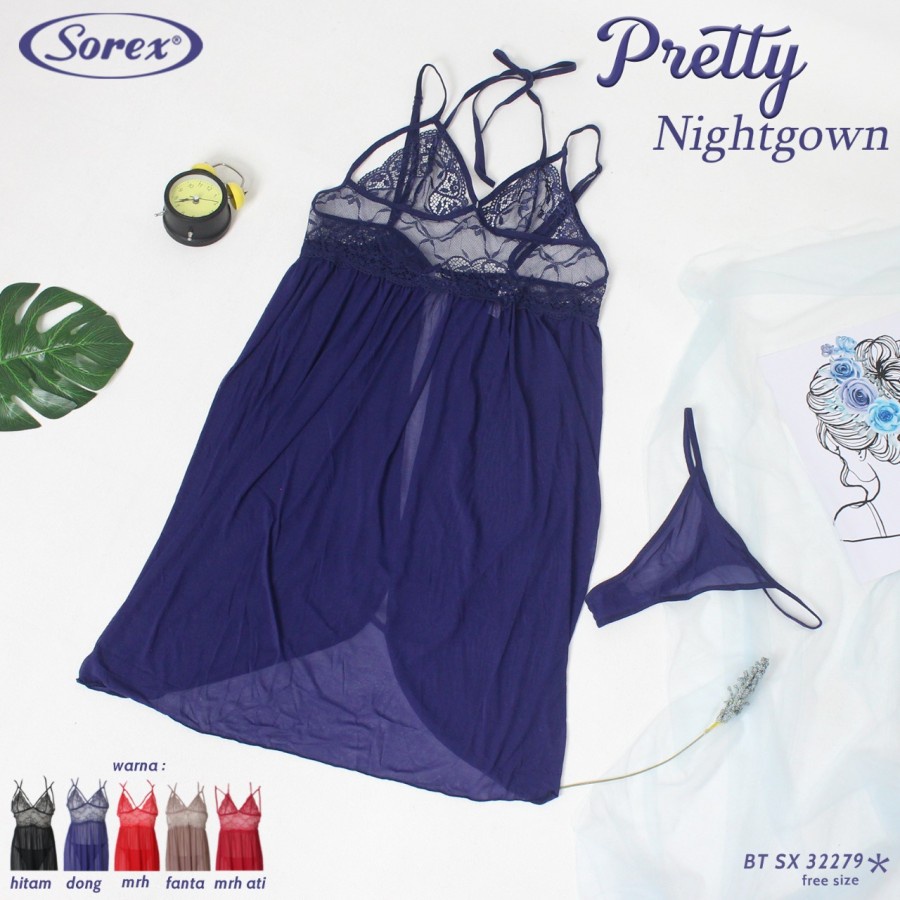 Extra Size Pretty Nightgown Brokat Transparan Plus Gstring Sorex 32279