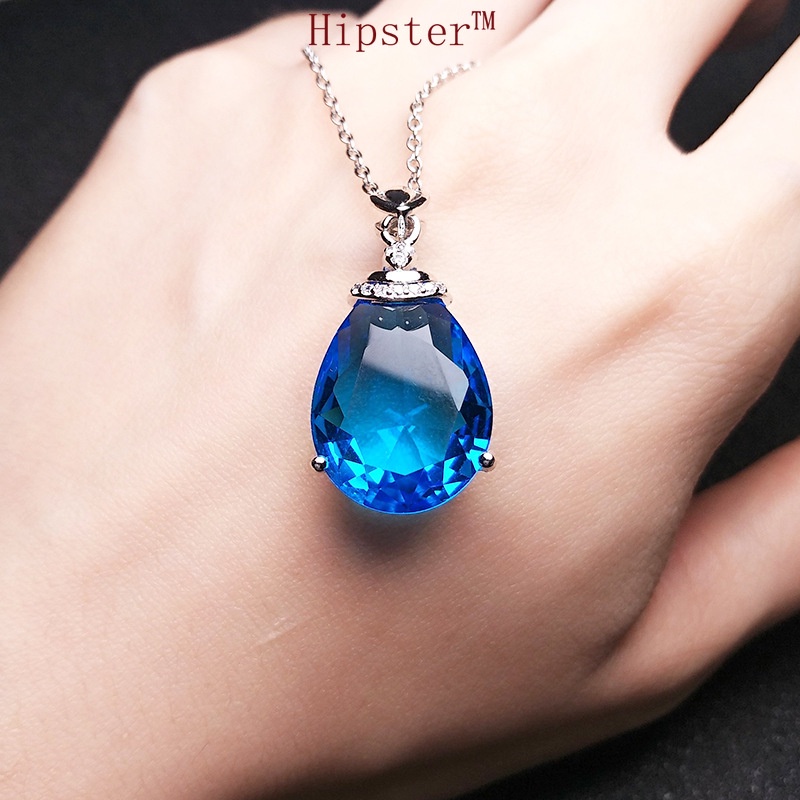 Hot Sale Classic Fashion Pear-Shaped Blue Tourmaline Pendant White Gold Necklace