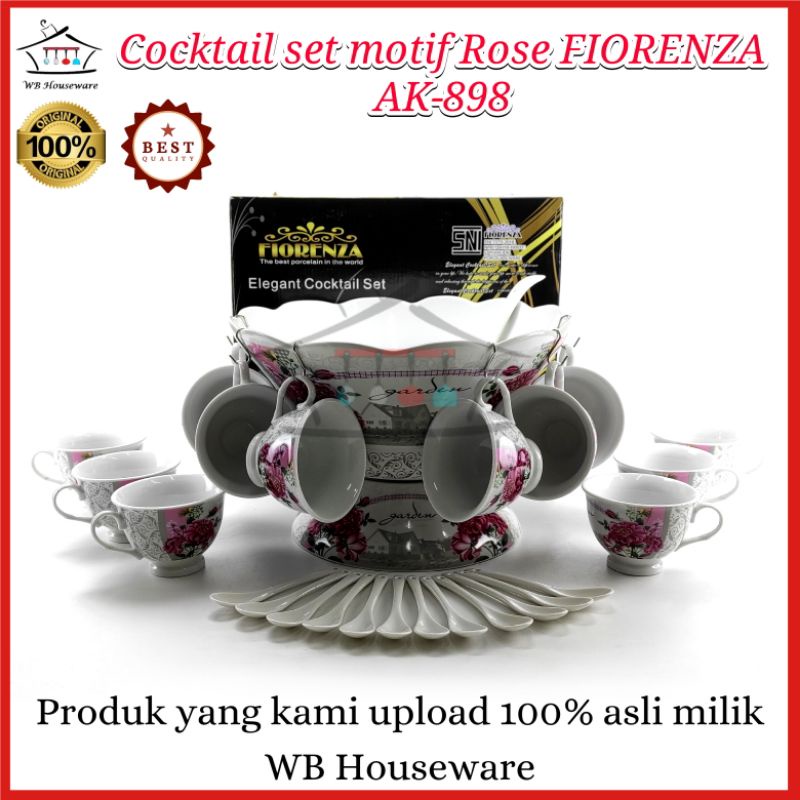 mangkok es buah set keramik / wadah saji + cangkir / cocktail set motif rose FIORENZA AK-898