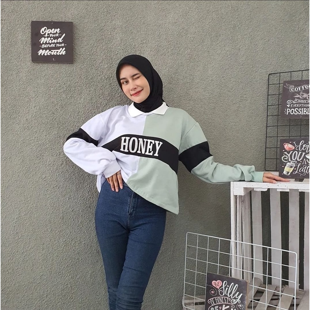 Sweater HONEY COLAR CROOPE Crewneck Wanita
