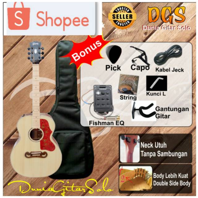 gitar akustik elektrik gibson j200 fisman dua lapis neck utuh
