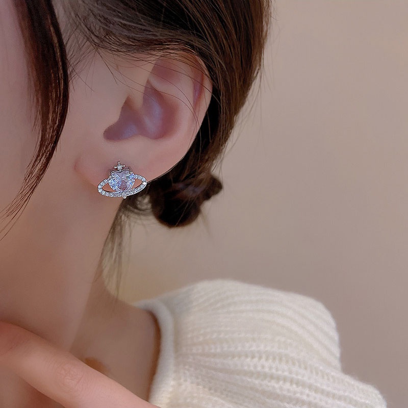 Anting Stud Desain Planet Bahan 925 silver needle Aksen Zirkon