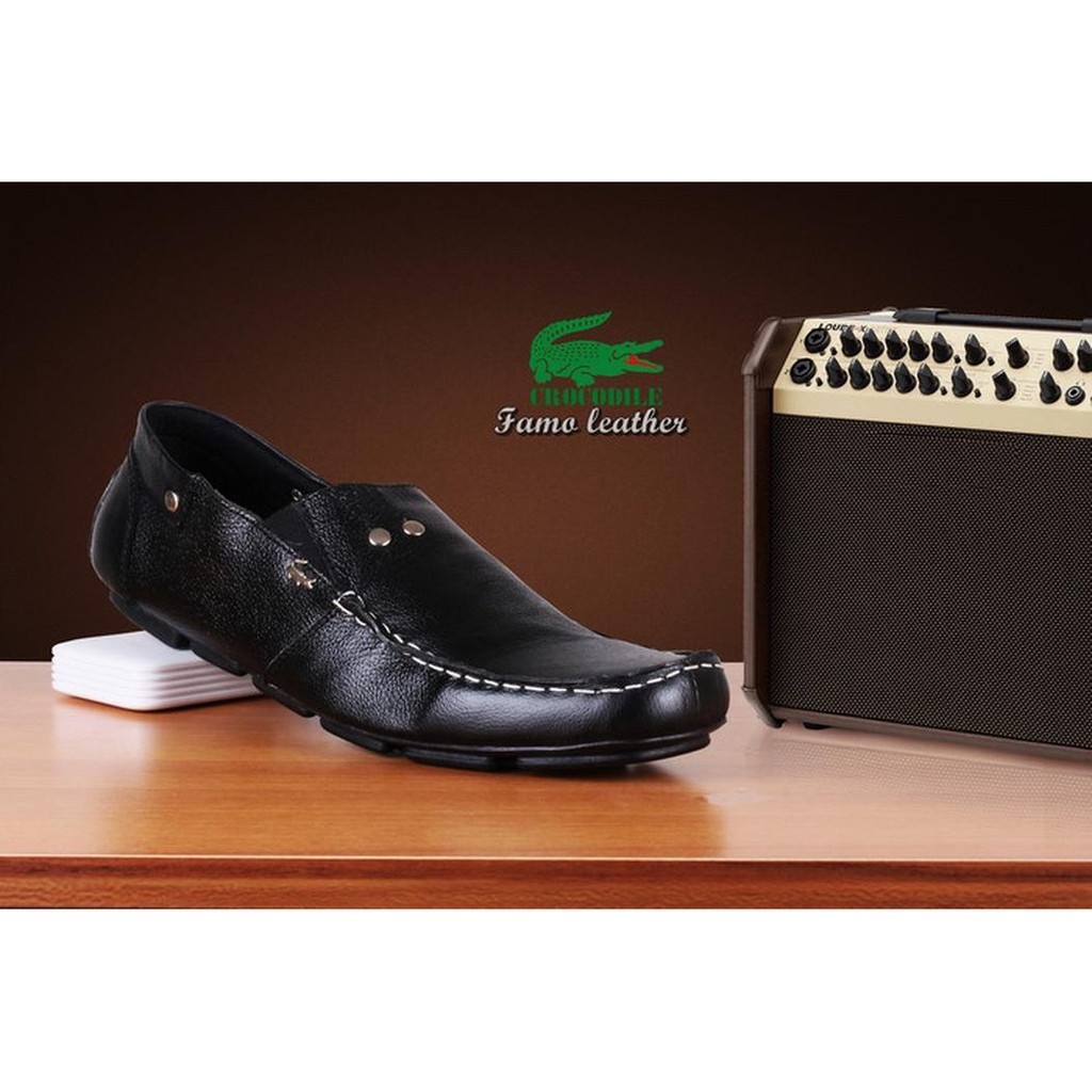 Sepatu Kasual Slip On Hitam Crocodile Slop Pansus Bahan Kulit Asli Semi Formal Nyaman Keren Santai