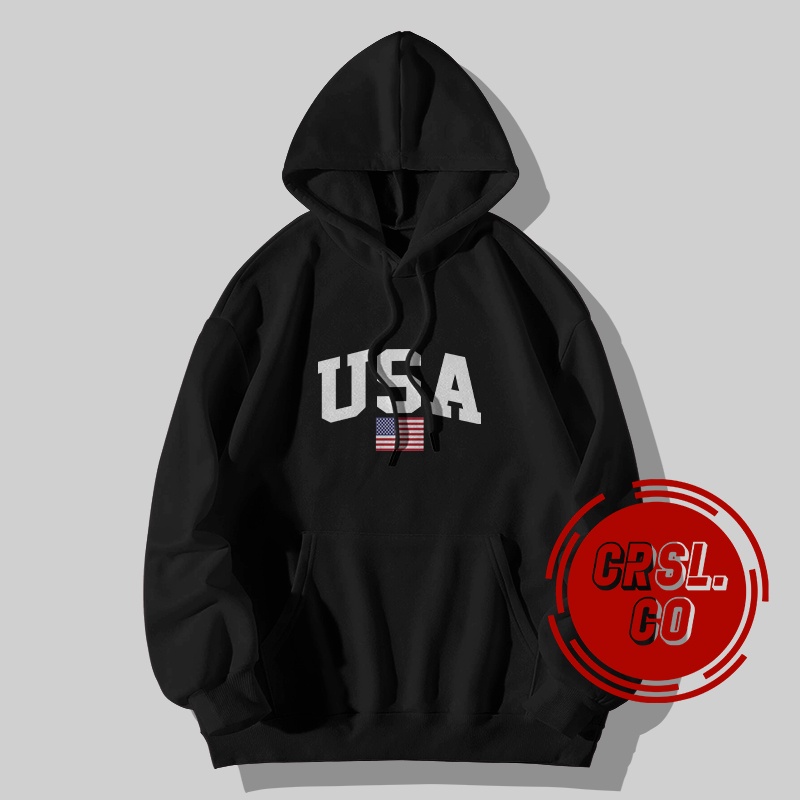 Sweater Hoodie Black USA Flag Gaya Kasual Motif Keren Bahan Cocok untuk Musim Dingin Warna Hitam dan Putih