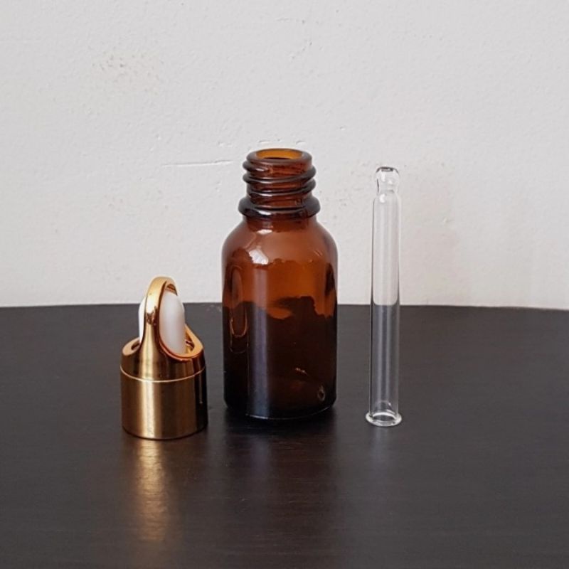 botol kaca pipet 15ml coklat amber ring gold